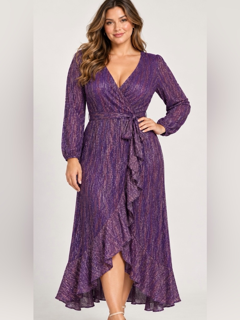 Kensie Purple Metallic Faux Wrap Midi Dress Size 14 NWT